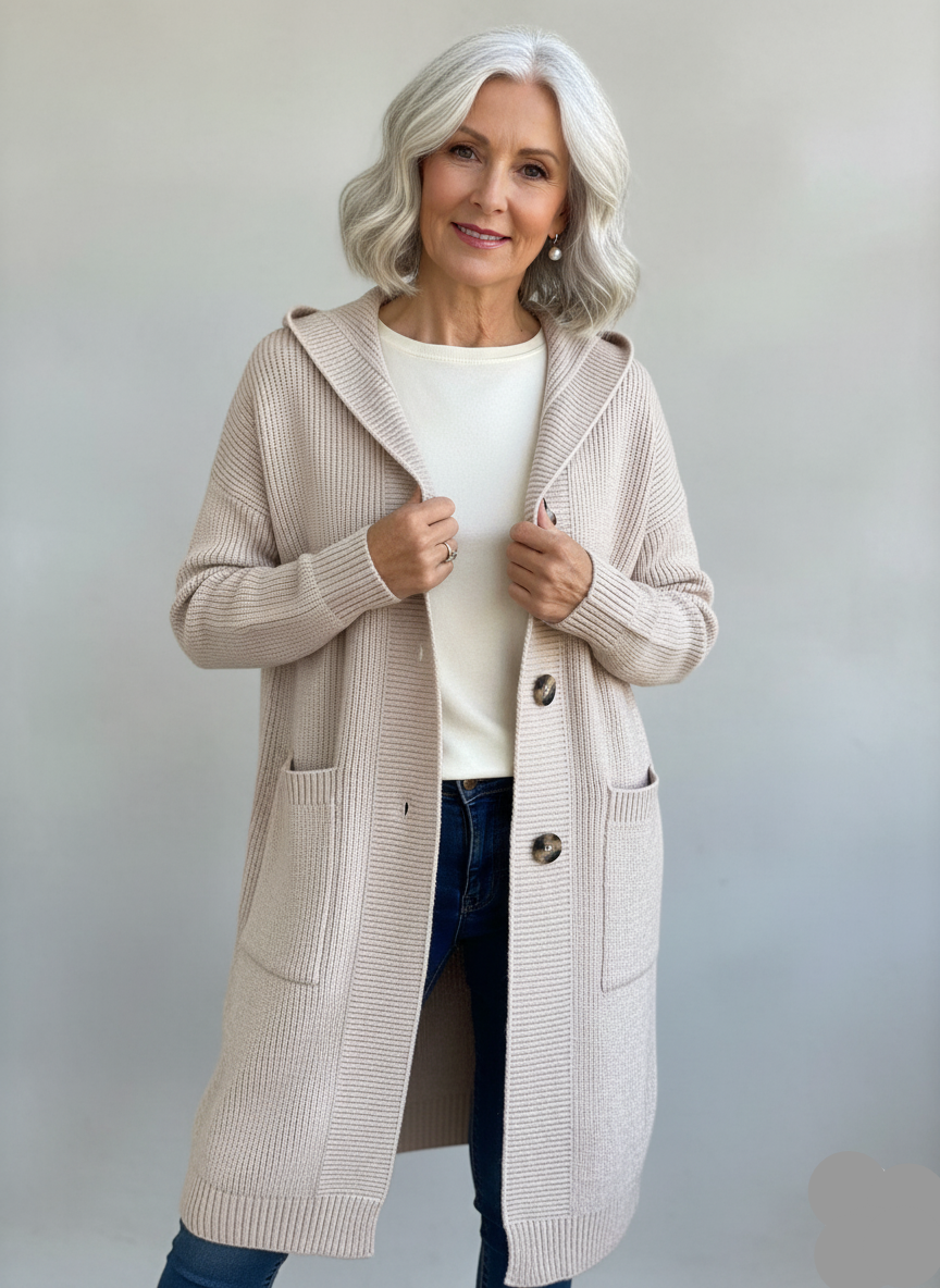 Langer Strick-Cardigan mit Kapuze in Beige, offen getragen über Jeans