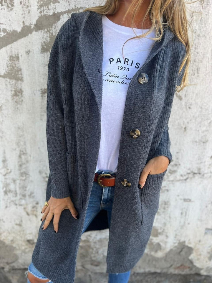 Anthrazitfarbener Longline-Cardigan mit Kapuze und Holzknöpfen