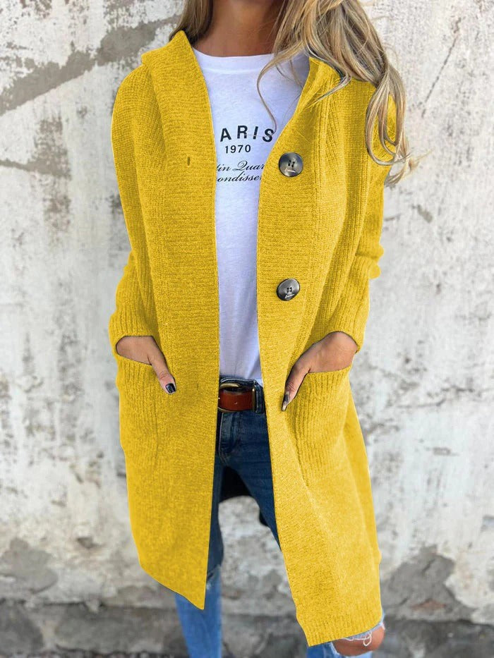 Senfgelber Longline-Cardigan mit Kapuze und seitlichen Taschen