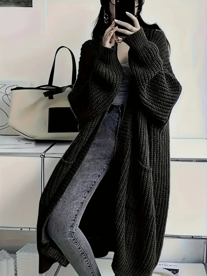 Schwarzer langer Strickcardigan im Oversized-Schnitt mit Taschen