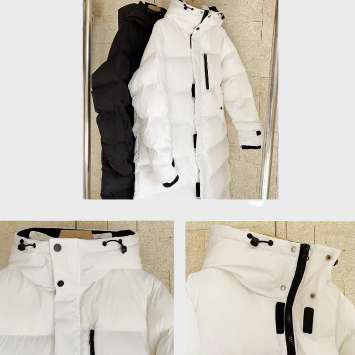 Weiße und schwarze lange Daunenjacke mit Kapuze, Detailansicht der Verschlüsse