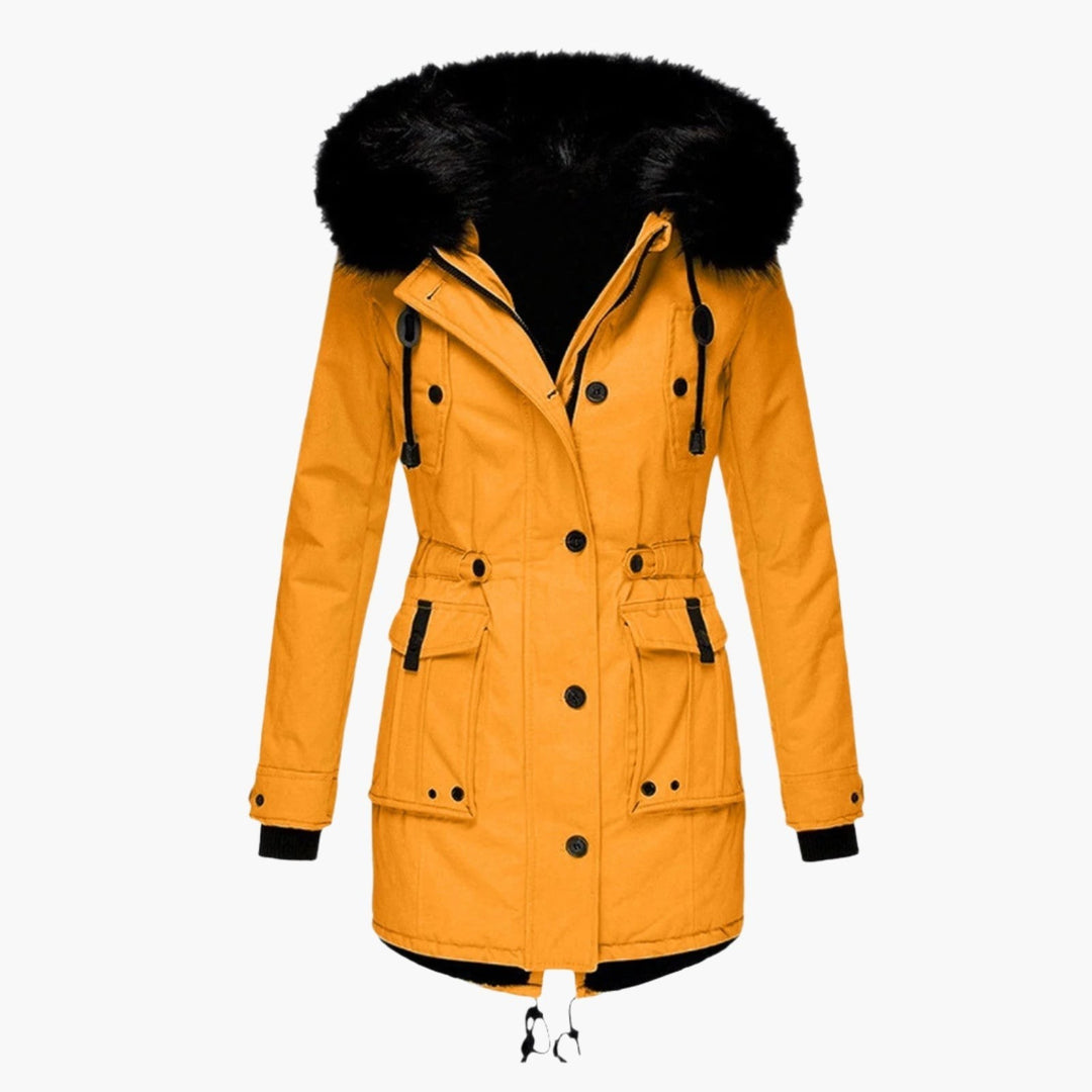 Senfgelbe Winterjacke mit schwarzem Fellkragen und Kapuze, Damen Longline-Parka