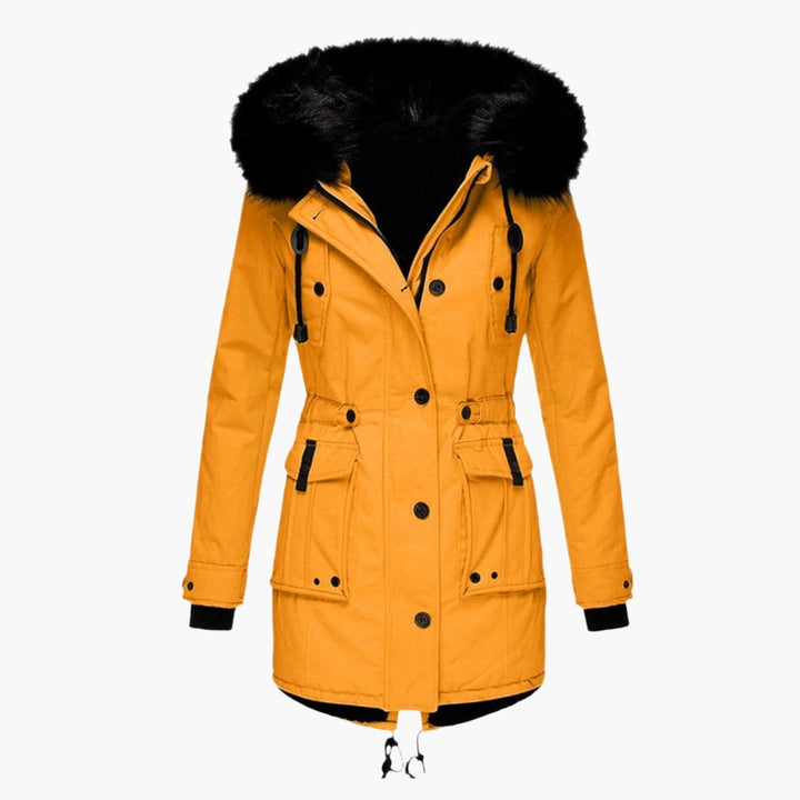 Senfgelbe Winterjacke mit schwarzem Fellkragen und Kapuze, Damen Longline-Parka
