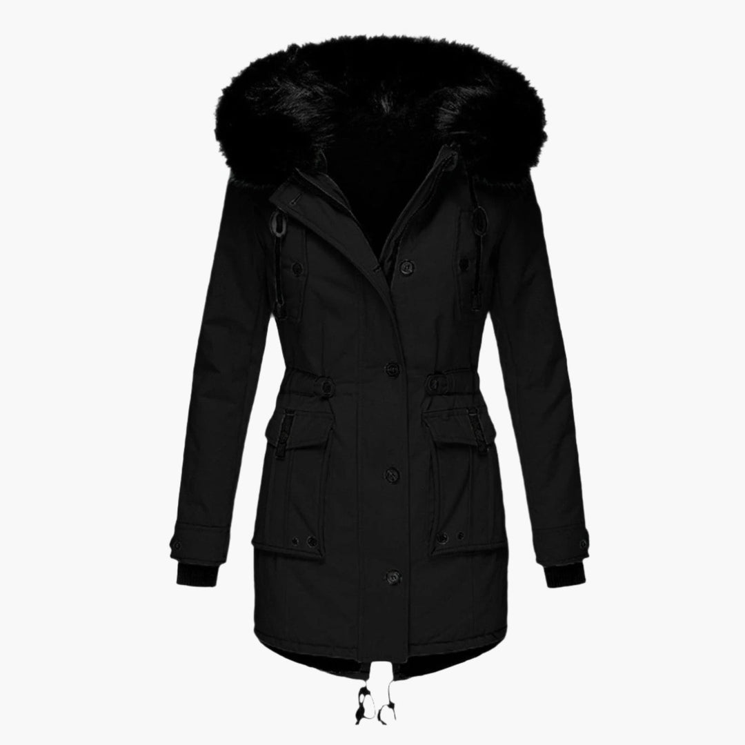 Schwarze Winterjacke mit Kunstfellkapuze, taillierter Damen-Parka mit Bund