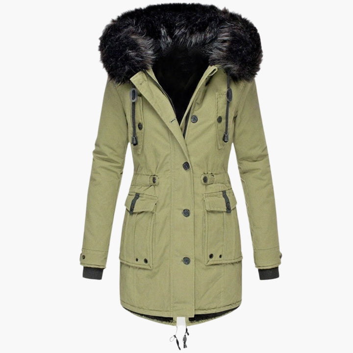 Khakifarbener Damen-Parka mit meliertem Fellkragen und Kordelzug am Saum