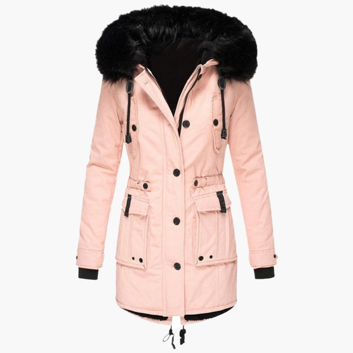 Rosafarbene Winterjacke mit schwarzem Fellbesatz an der Kapuze, Damenparka