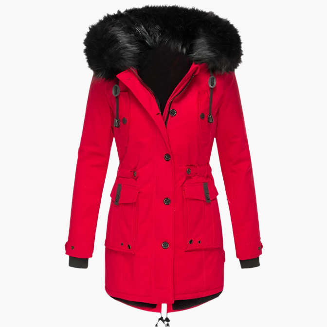Roter Damen-Parka mit schwarzer Fellkapuze und aufgesetzten Taschen