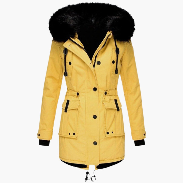 Gelbe Longline-Winterjacke mit Kapuze und schwarzem Fellkragen für Damen