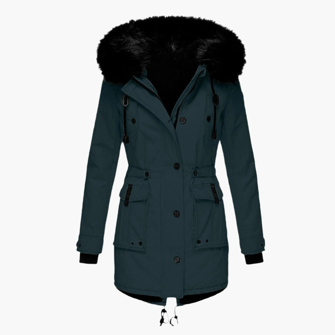 Petrolfarbener Winterparka mit Kunstfellkapuze und Kordelzugtaille