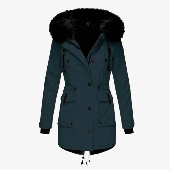 Petrolfarbener Winterparka mit Kunstfellkapuze und Kordelzugtaille