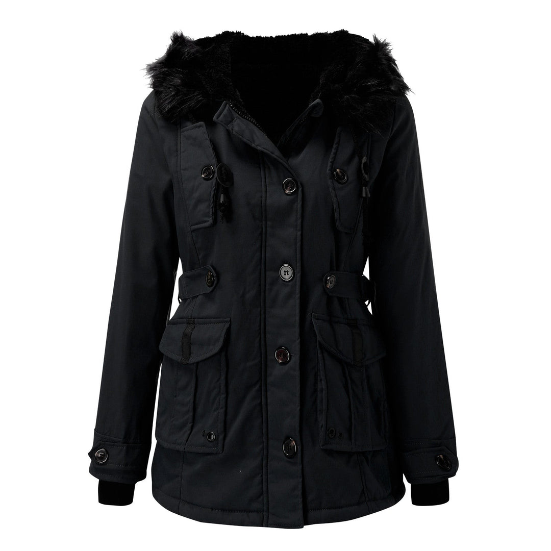 Schwarzer Damen-Parka mit Kunstfellkragen, Kapuze und aufgesetzten Taschen