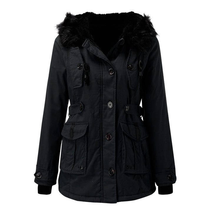 Schwarzer Damen-Parka mit Kunstfellkragen, Kapuze und aufgesetzten Taschen