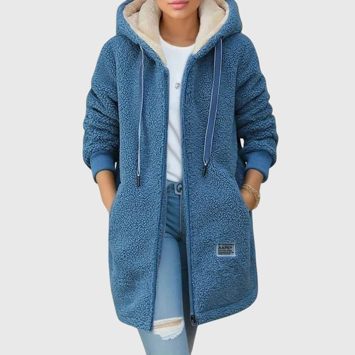 Blauer Teddymantel mit Kapuze und Kordelzug, langärmelig mit Reißverschluss