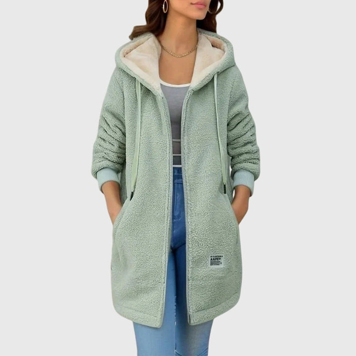 Mintgrüner Teddyfleece-Mantel mit Kapuze und Fellfutter