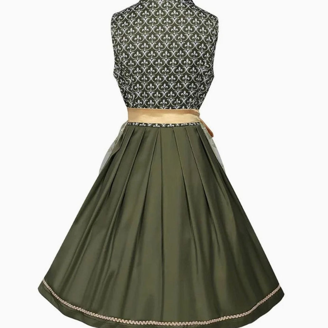 Trachtenkleid Rückansicht mit gefälteltem Rock und goldenem Taillenband