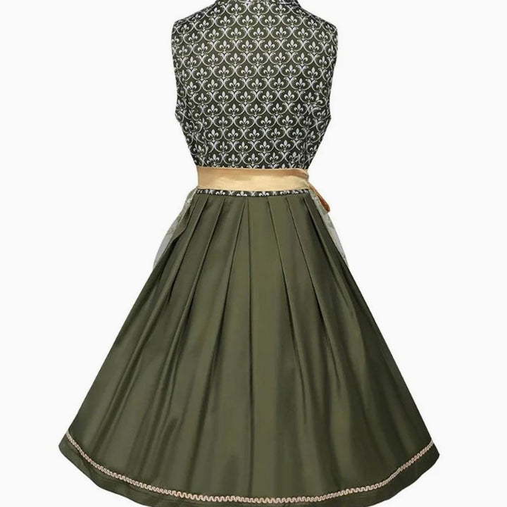 Trachtenkleid Rückansicht mit gefälteltem Rock und goldenem Taillenband