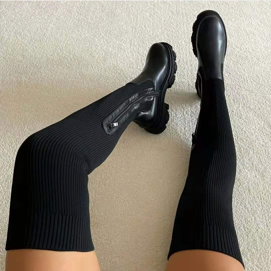 Schwarze Chelsea-Boots mit Strickschaft und seitlichem Reißverschluss