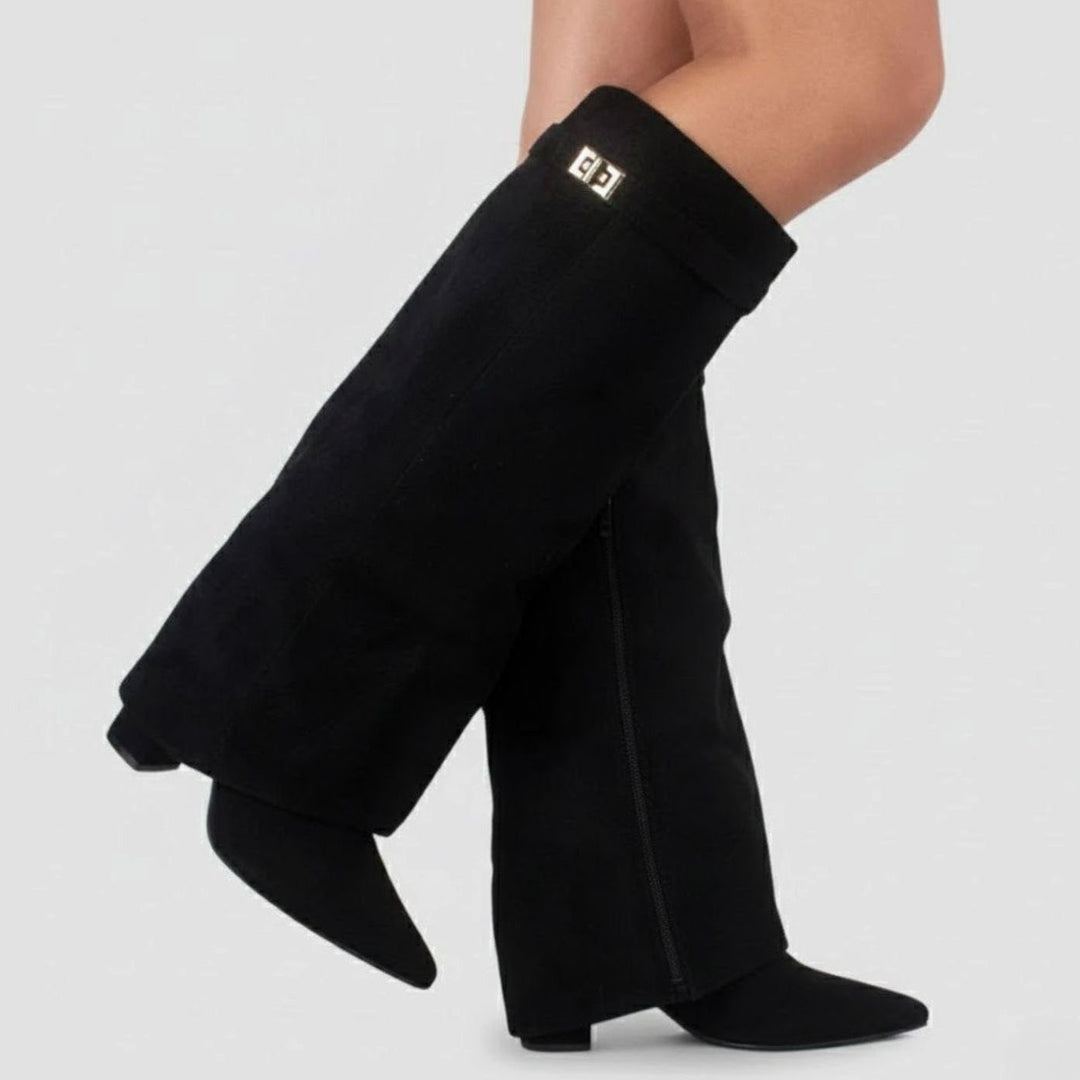 Schwarze Overknee Stiefel aus Wildleder mit umgeschlagenem Schaft und Goldschnalle