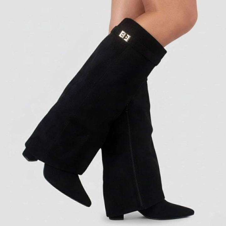 Schwarze Overknee Stiefel aus Wildleder mit umgeschlagenem Schaft und Goldschnalle