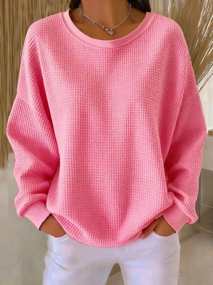 Rosafarbener Oversize-Pullover mit Waffelmuster und legerem Rundhalsausschnitt