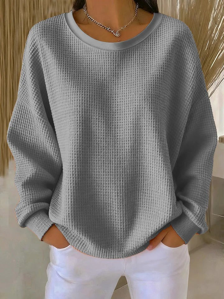 Grauer Waffelstrick-Pullover mit lockerem Schnitt und Rundhalsausschnitt