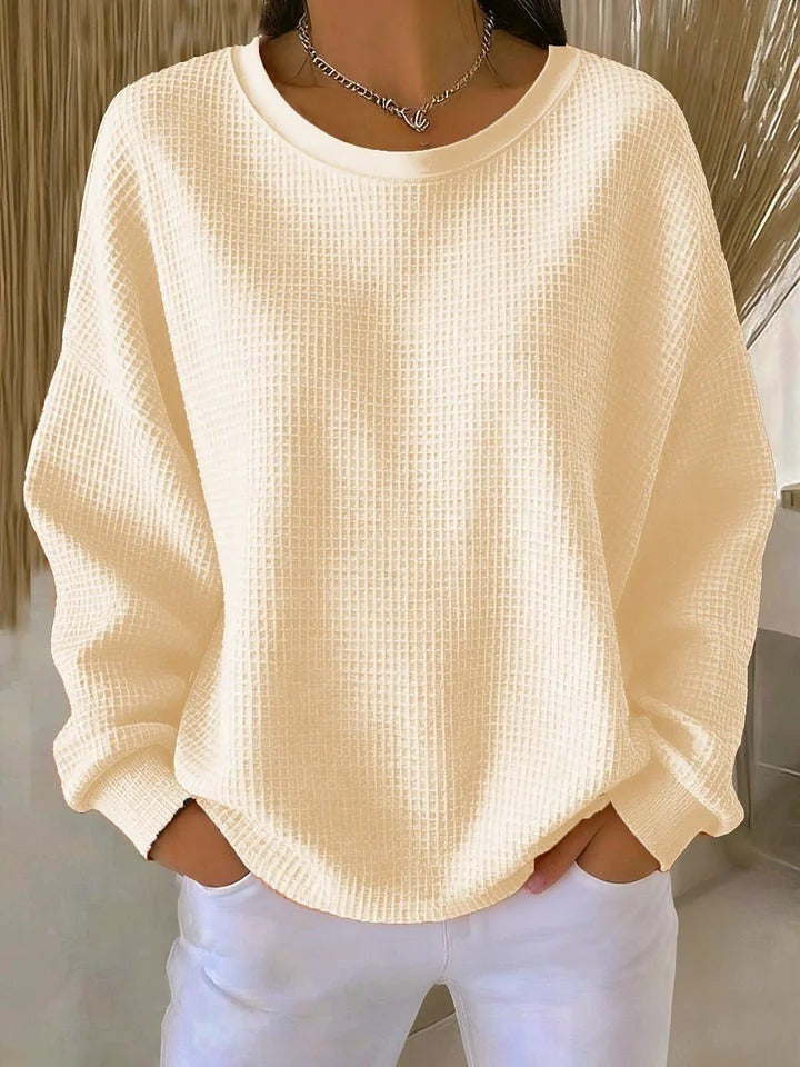 Cremefarbener Oversize-Pullover mit Waffelstruktur und weitem Ausschnitt