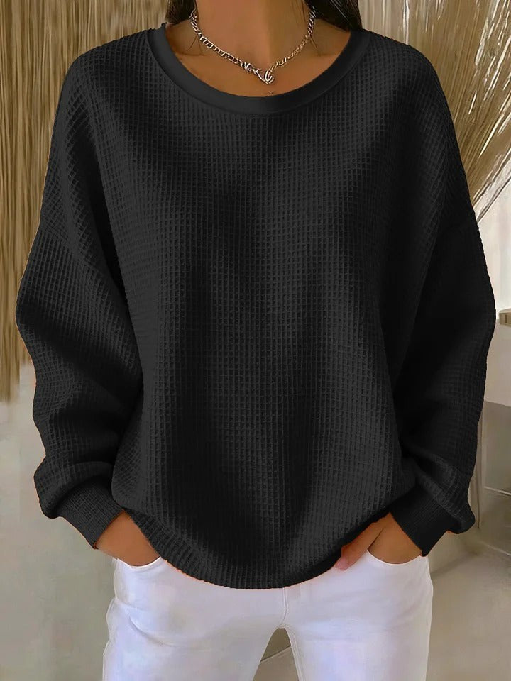 Schwarzer Waffelstrick-Pullover mit lockerem Schnitt und Rundhalsausschnitt