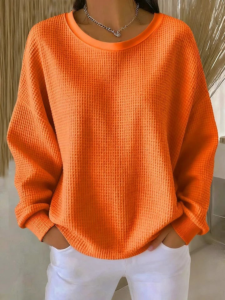 Oranger Oversize-Pullover mit Waffelstruktur und weitem Halsausschnitt