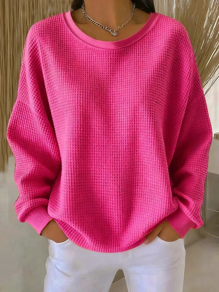 Pinker Waffelstrick-Pullover mit langen Ärmeln und Rundhalsausschnitt
