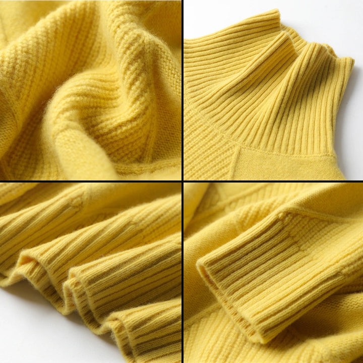 Detailcollage Strickpullover gelb mit Rippstrick und Rautenstruktur