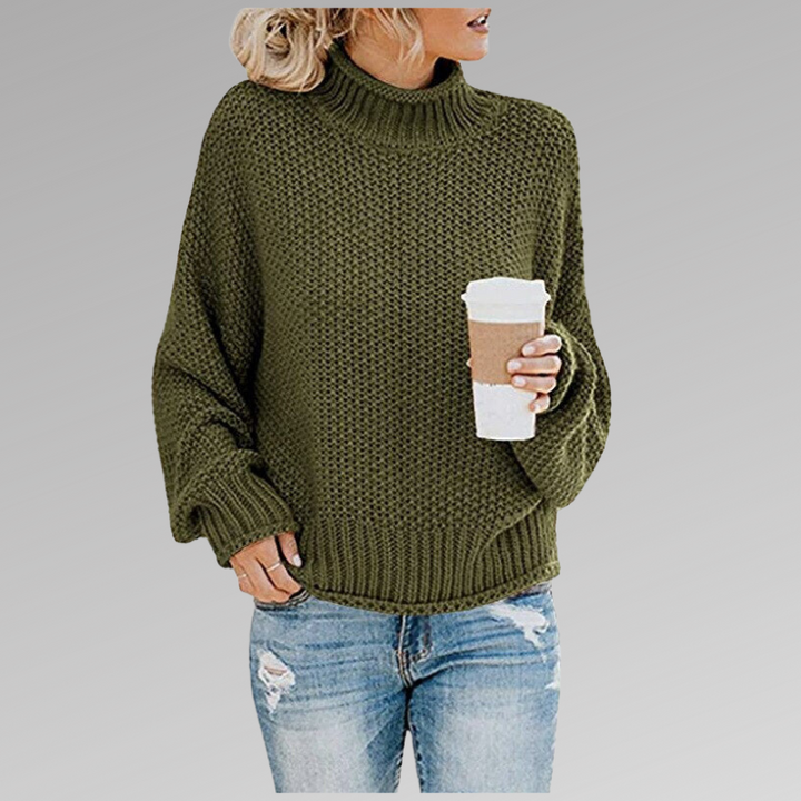 Grober Strickpullover in Olivgrün mit Stehkragen und Fledermausärmeln