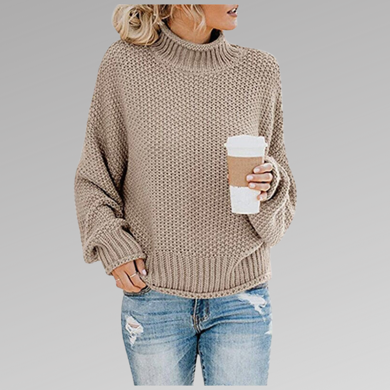 Beiger Strickpullover mit Stehkragen und weiten Fledermausärmeln