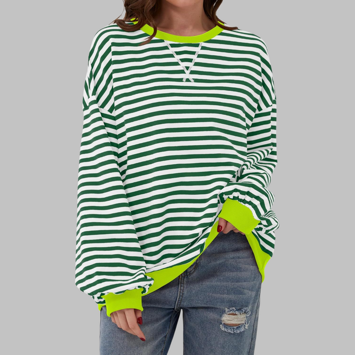 Oversize-Sweatshirt mit grün-weißem Streifenmuster und neongelbem Kontrastbund