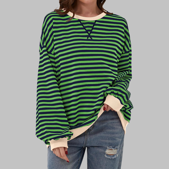 Oversize-Sweatshirt mit grün-marineblauem Streifenmuster und cremefarbenem Kontrastbund