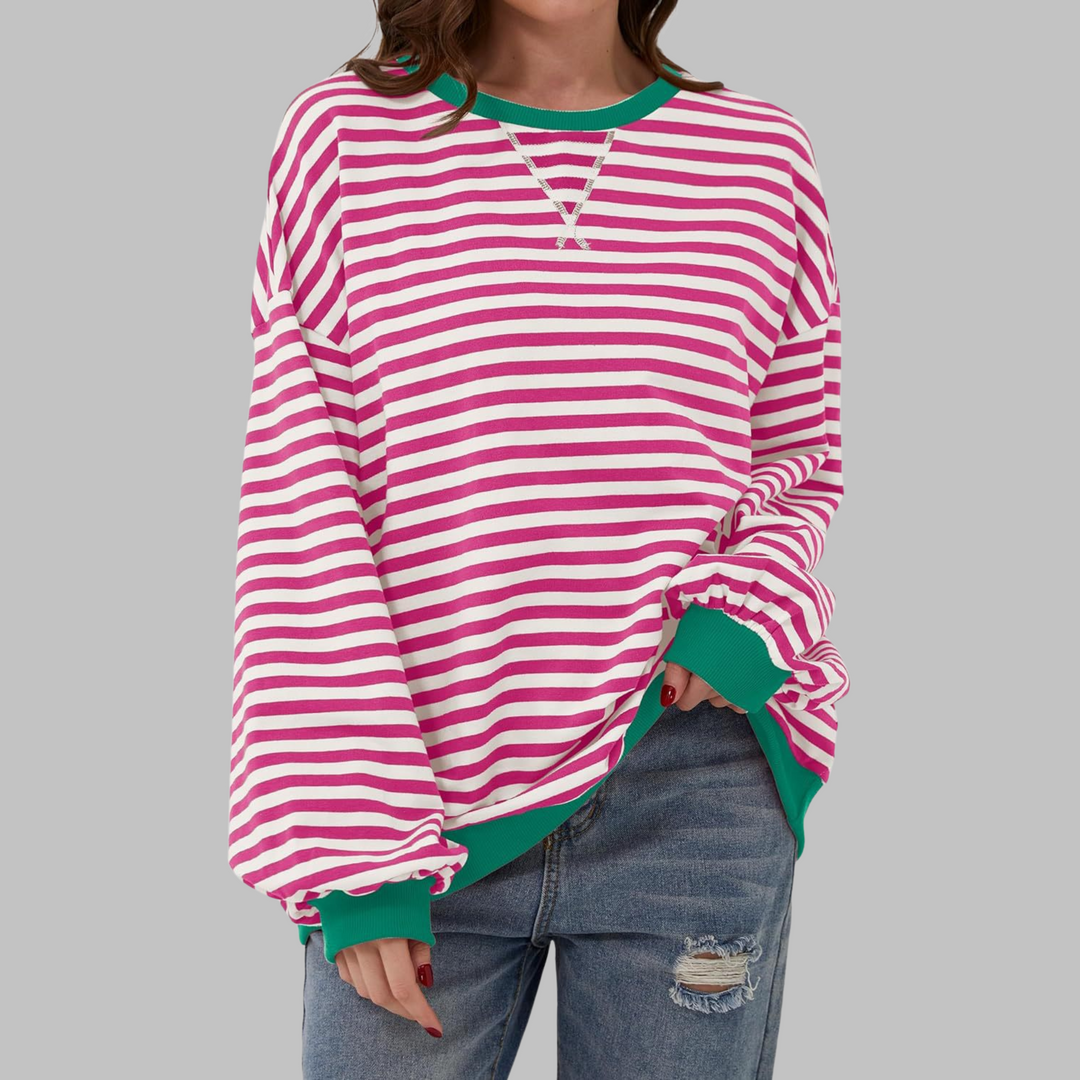 Oversize-Sweatshirt mit pink-weißem Streifenmuster und smaragdgrünem Kontrastbund