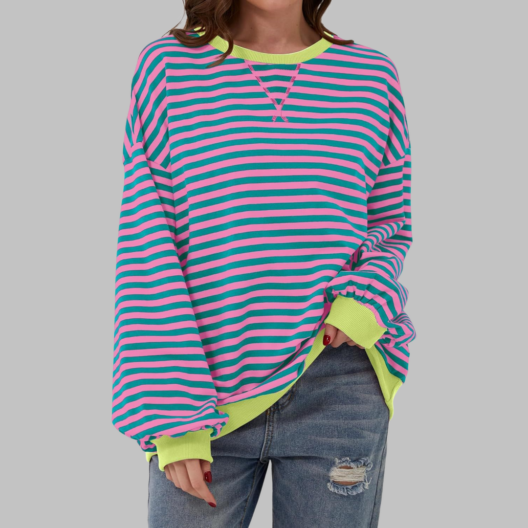 Oversize-Sweatshirt mit rosa-grünem Streifenmuster und gelbem Kontrastbund