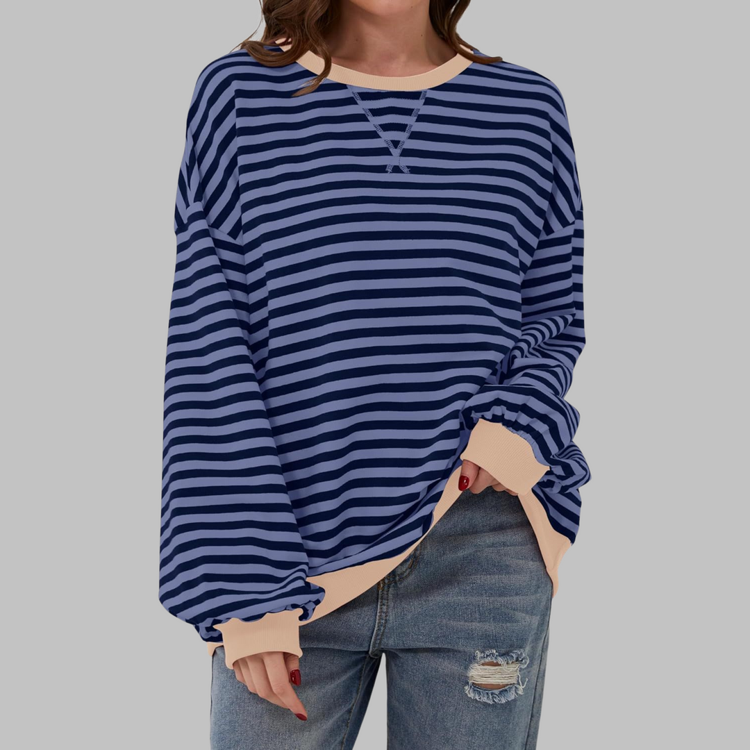 Oversize-Sweatshirt mit blau-marineblauem Streifenmuster und beigem Kontrastbund