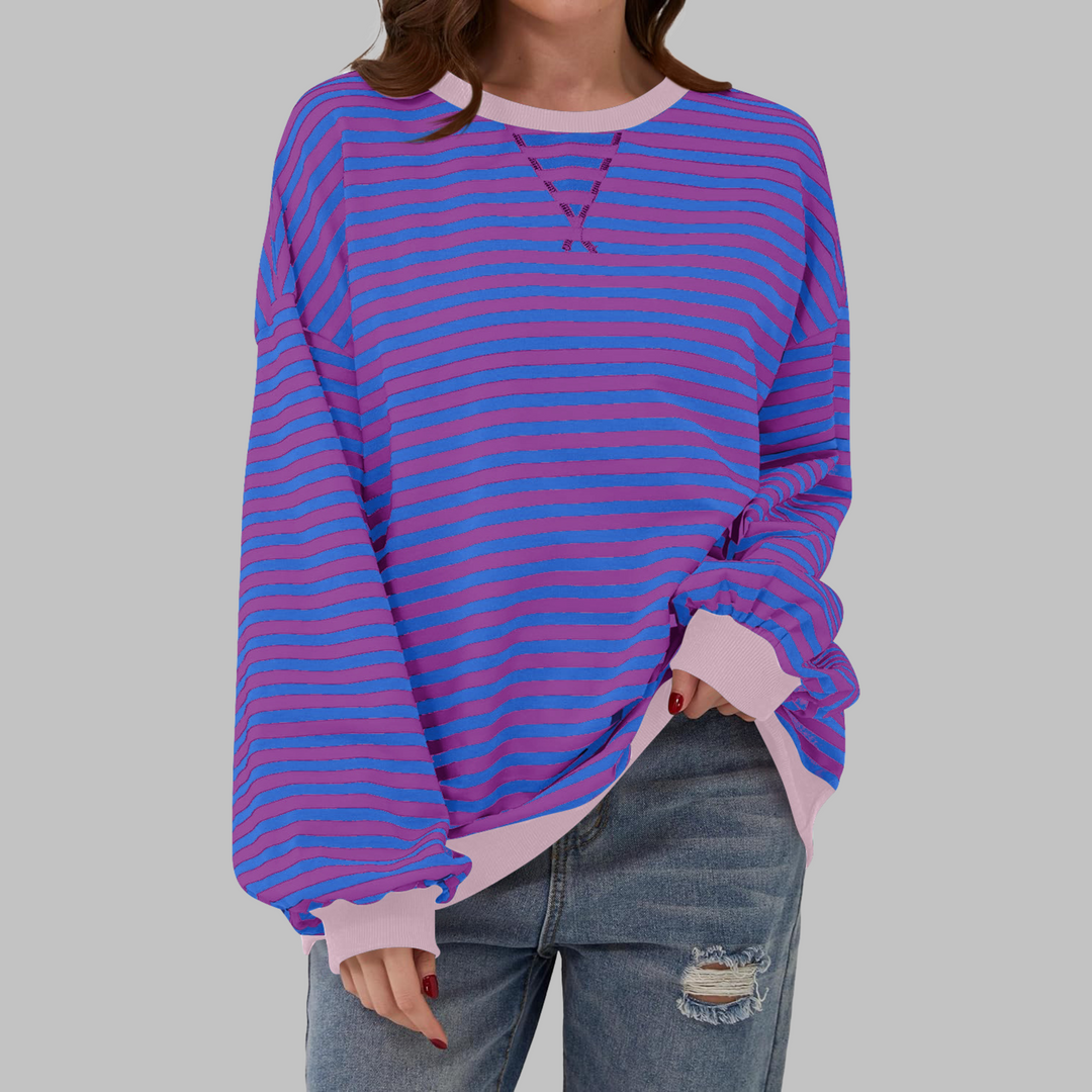 Oversize-Sweatshirt mit lila-blauem Streifenmuster und rosa Kontrastbund