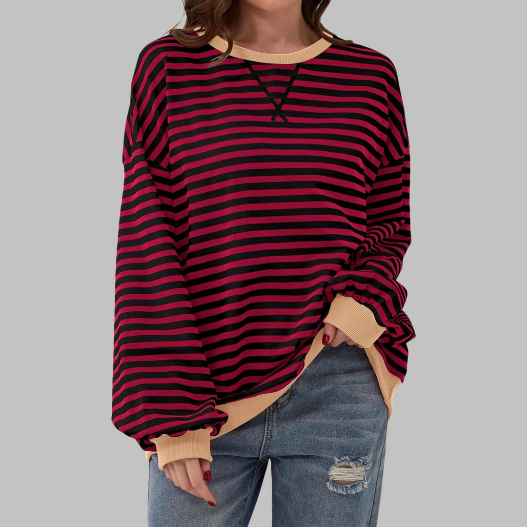 Oversize-Sweatshirt mit pink-schwarzem Streifenmuster und beigem Kontrastbund
