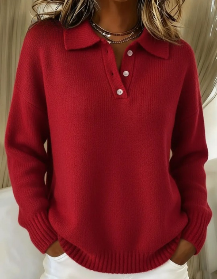 Roter Strick-Polopullover mit Kragen und Knopfleiste, lockere Passform