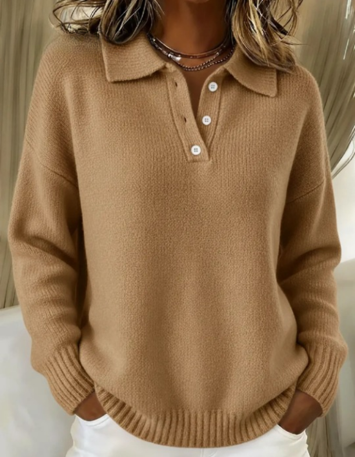 Camelfarbener Polo-Strickpullover mit Knopfleiste, lässig und oversized