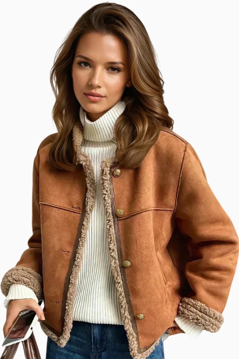 Oversized Fellimitat-Jacke in Braun mit Teddyfutter und Knopfleiste, freigestellt