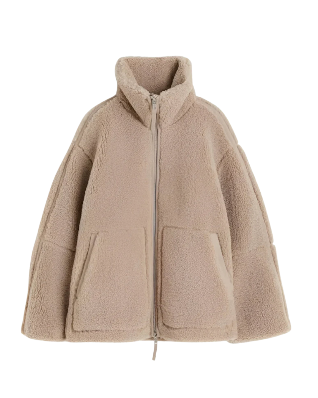 Oversized Teddy-Jacke in Beige mit hohem Kragen und Reißverschluss