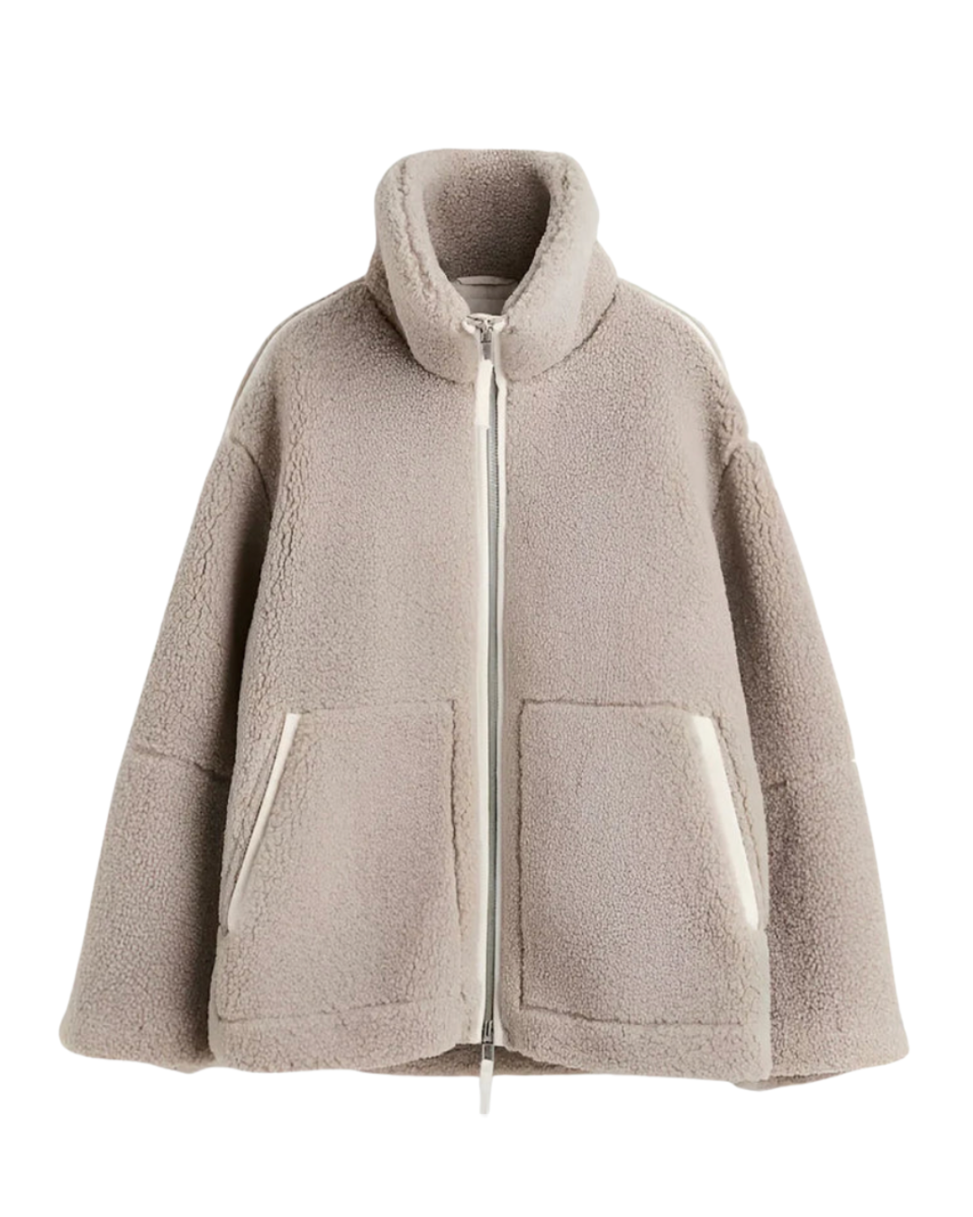 Taupefarbene Teddyfell-Jacke mit kontrastierendem Reißverschluss und Taschen