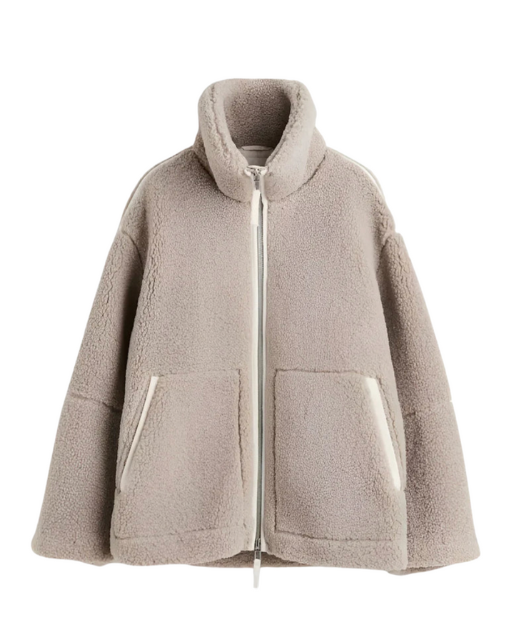 Taupefarbene Teddyfell-Jacke mit kontrastierendem Reißverschluss und Taschen