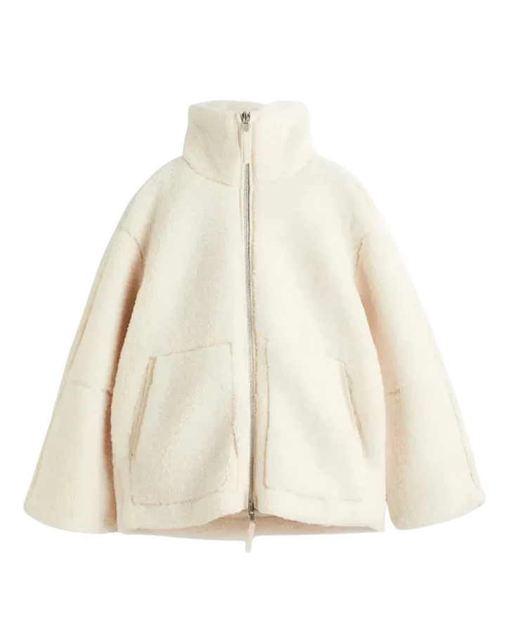 Cremeweiße Kuscheljacke aus Teddyfleece mit Stehkragen