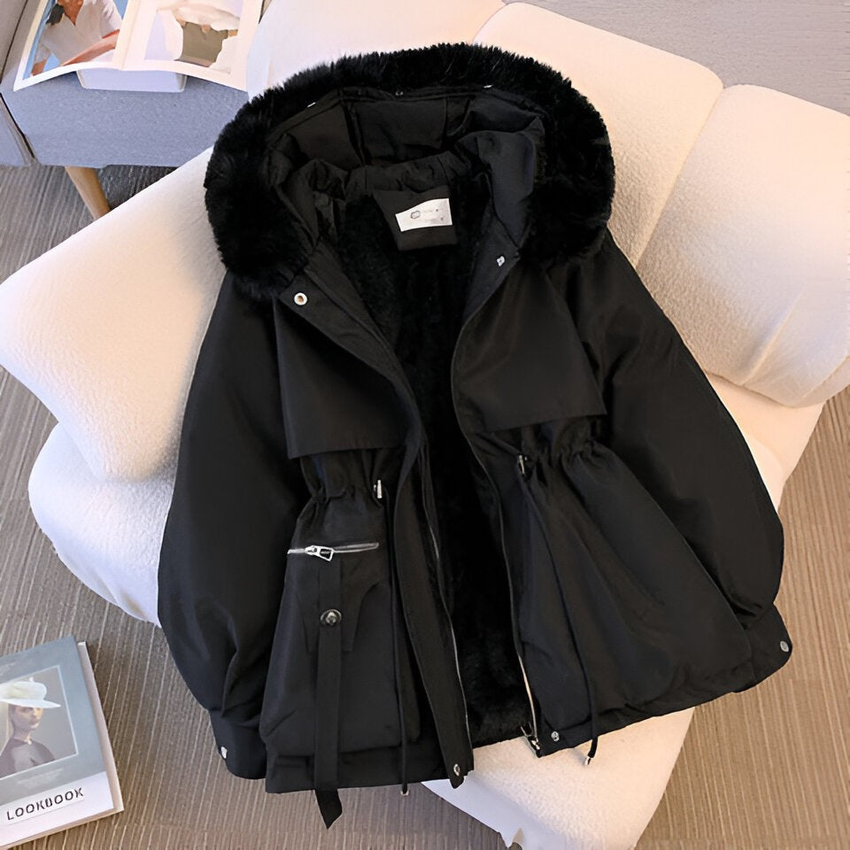 Schwarze Winterjacke mit Kapuze, Fellkragen und Kordelzug an der Taille