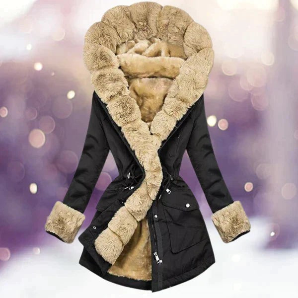 Schwarzer Winterparka mit Kunstfellkragen und flauschigem Innenfutter