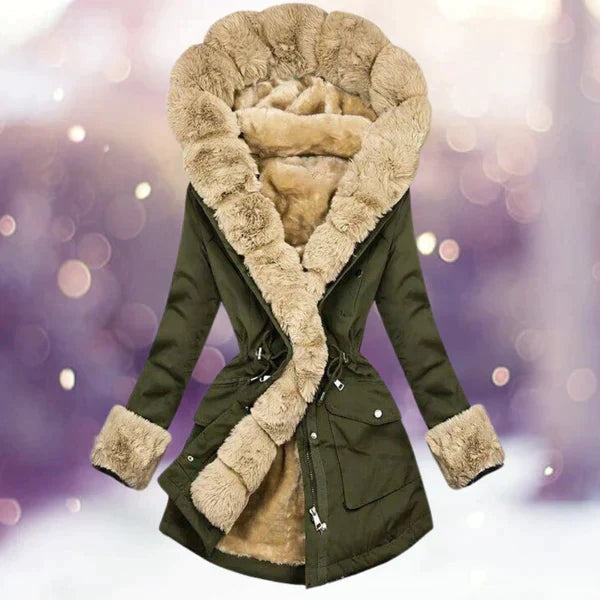 Khakigrüner Parka mit Fellkapuze und kuscheligem Plüschfutter