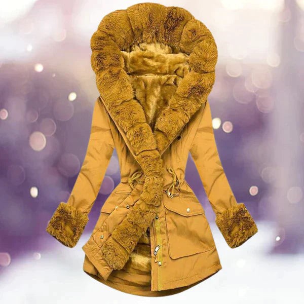 Senfgelber Winterparka mit üppigem Fellkragen und Plüschfutter